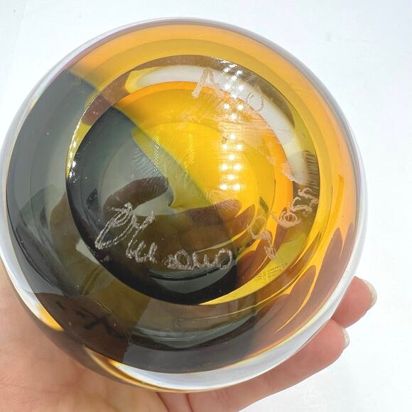 Italian Murano Style Teardrop Glass Paperweight HandBlown Blue Amber-Signed - Picture 5 of 7